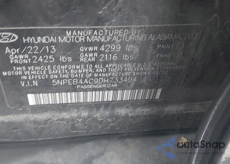 2013 Hyundai Sonata Gls z USA, uszkodzony, nr VIN 5NPEB4AC9DH733494